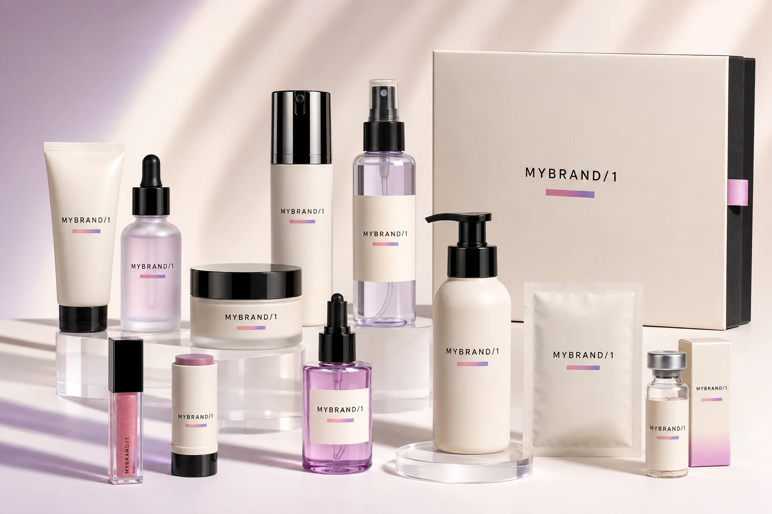 A coordinated custom beauty brand across twelve product formats